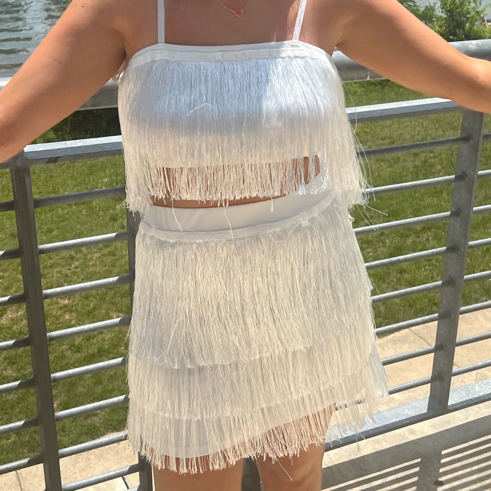 Two piece white fringe set